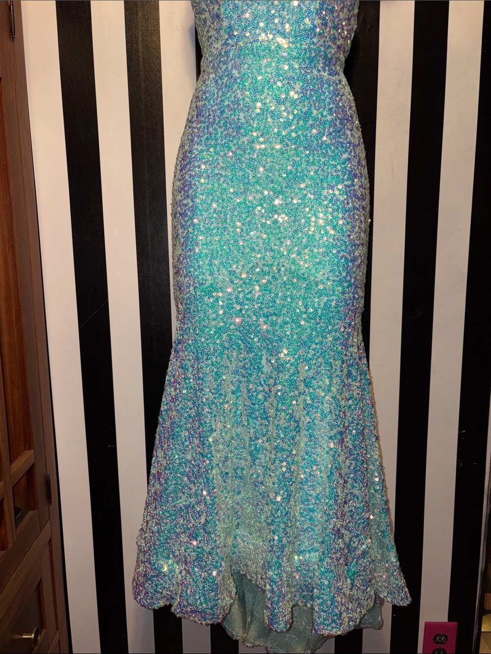 Custom Prom Dress Sparkling Iridescent Sequin Mermaid Dress Aqua Tiffany Blue XS - Picture 9 of 16